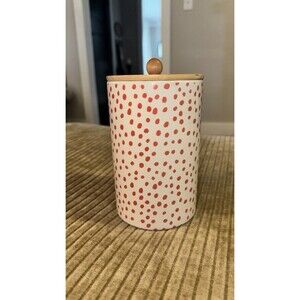 Ceramic White And Coral Polka Dot Canister Wood Lid Vanity Bathroom Bedroom